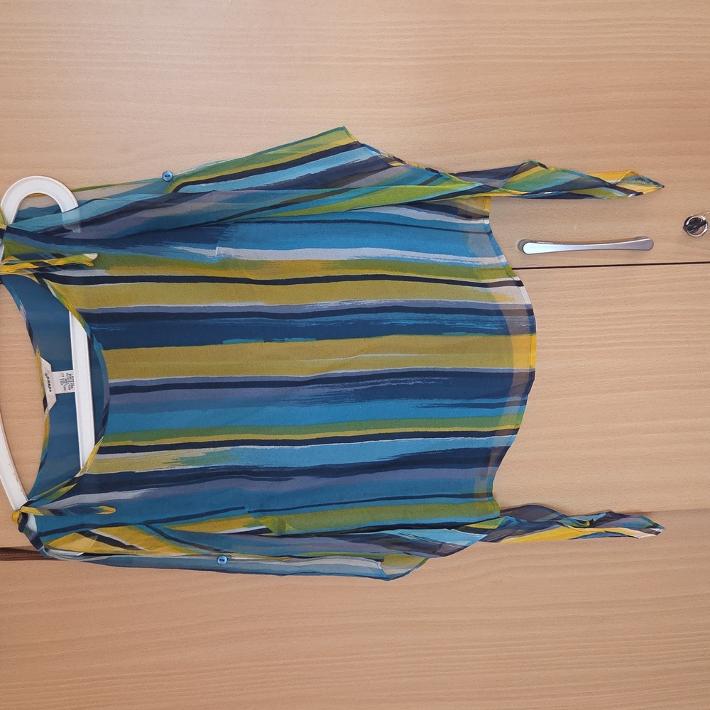 ❤️❤️ Edward 100% Silk Split Long Sleeve V Hem Stripe Print Top- Size S
